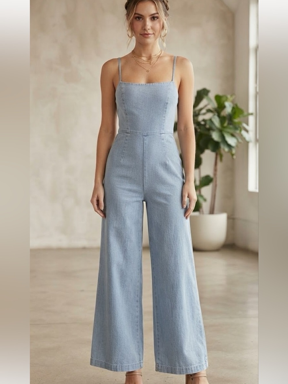 Light Blue Denim Wide-Leg Spaghetti-Strap Jumpsuit